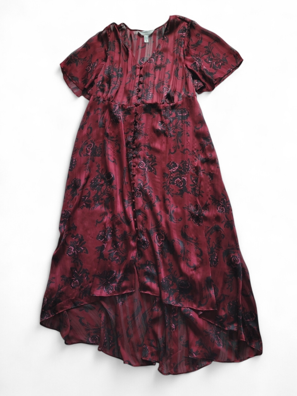 Sheer Burgundy Floral Button Front Maxi Dress Hi-lo Whimsigoth Goth 1X
